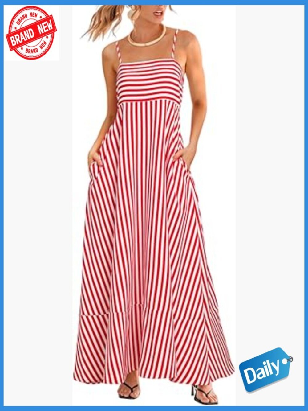 Sleeveless Square Neck Striped Maxi Dress with Pockets